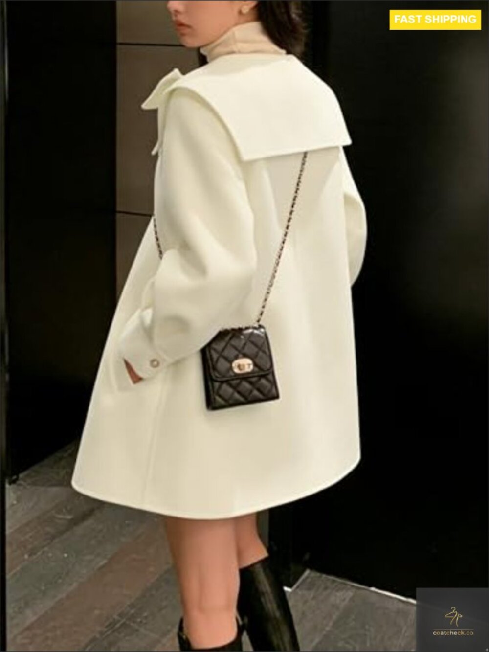 Classic Wool Pea Coat with Bow Detail Lapel Collar Single Breasted Long Sleeve - Picture 3 of 6